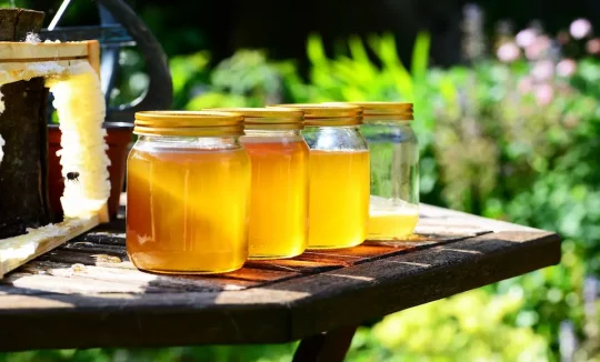 Honiggläser auf Tisch im Garten